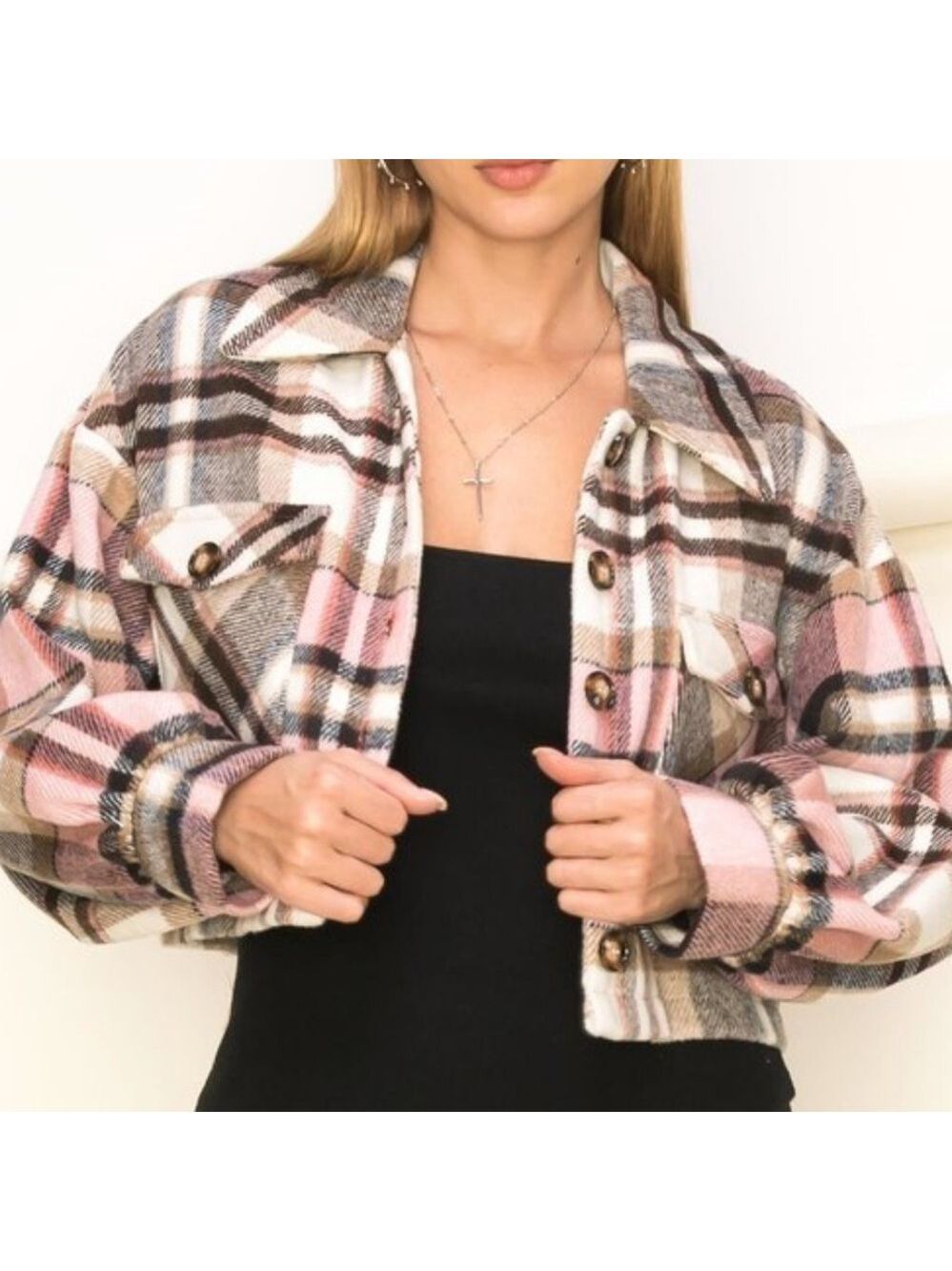 𝅺hyfve Pink Cream Tan Black Plaid Cropped Button Down Jacket L